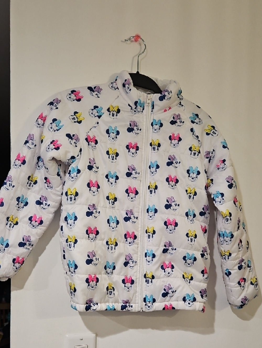 Disney White Puffer Jacket with Multicolor Minnie Print